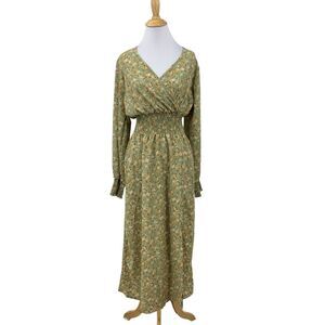 Miss U Shirred Waist Dress Womesn S Small Green Tea Long Sleeve Floral Pockets